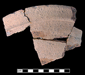 North Devon Gravel-Tempered Coarse Earthenware Pan. Lead glazed interior; (left) vessel diameter approximately 12" diameter.